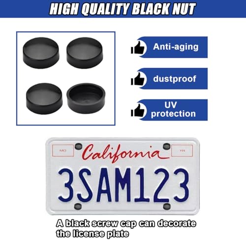 4PCS Stainless Steel License Plate Screws Kit, Anti-Theft Rustproof Tamper Resistant Bolt, Car Tag Plate Frame Mounting Hardware Security Fastener with Black Cap, Anti-Rattle Pad (Flat-end) - size: Flat-end