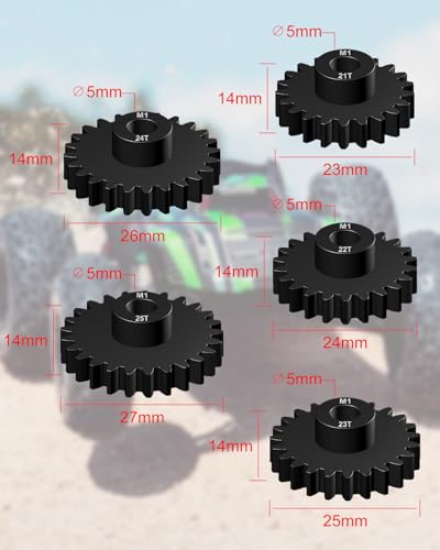 M1 Steel Pinion Gear Set 21T-25T 5mm Shaft Fit for 1/10 RC Brushless Motor | 5 Pack Hardened 45# Steel Gears, Includes Hex Key, High Load Wear Resistant, Compatible with Arrma Losi Traxxas RC Vehicles