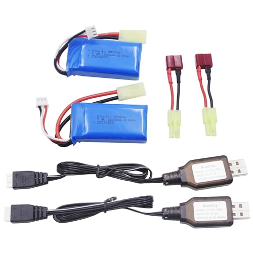 Blomiky 2 Pack 7.4V 1200mAh 8.88Wh Li-PO Battery and 2 USB Charger Cable Replacement for 1/18 Scale 9310YL 9300 9301E 9302E 9303E 9304E 9305E RC Truck / 9300 1200 2