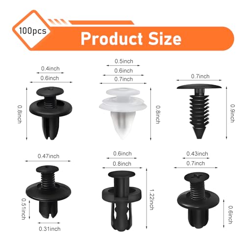 100 PCS Car Bumper Retainer Clips, 6 Sizes Bumper Push Fasteners Rivet Clip Kit with Removal Tool, Auto Door Panel Push Pin, Body Trim Fixed Clip, Universal for Most Cars, Trucks, SUVs