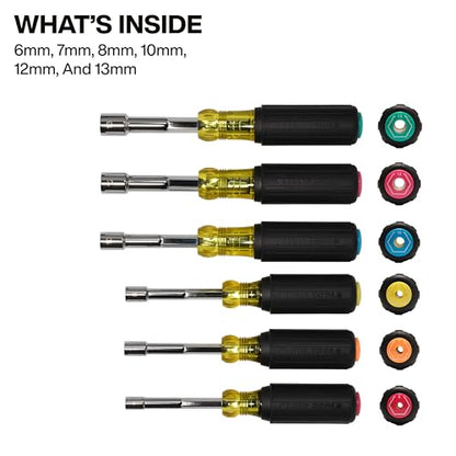 Klein Tools 65456M Metric Color-Coded Hollow-Shaft Nut Driver Set, 6-Piece, Heavy-Duty, Color-Coded Hex Sizes 6mm to 13mm, Cushion-Grip Handles, 6-Piece - size: 6-Piece Set