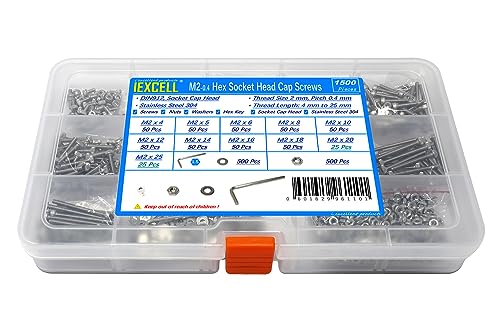 iexcell 1500 Pcs M2 x 4/5/6/8/10/12/14/16/18/20/25 Stainless Steel 304 Hex Socket Head Cap Screws Bolts Nuts Washers Assortment Kit - size: M2 x 4/5/6/8/10/12/14/16/18/20/25mm