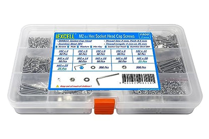 iexcell 1500 Pcs M2 x 4/5/6/8/10/12/14/16/18/20/25 Stainless Steel 304 Hex Socket Head Cap Screws Bolts Nuts Washers Assortment Kit - size: M2 x 4/5/6/8/10/12/14/16/18/20/25mm