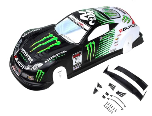 Painted PVC Body Shell for 1/10 On Road Racing Drift Car, No Cut, 1:10 Scale, Monster Energy Style (Monster-KGN Body Shell with Tail Wings) - style: Monster-KGN Body Shell with Tail Wings