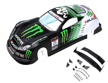 Painted PVC Body Shell for 1/10 On Road Racing Drift Car, No Cut, 1:10 Scale, Monster Energy Style (Monster-KGN Body Shell with Tail Wings) - style: Monster-KGN Body Shell with Tail Wings