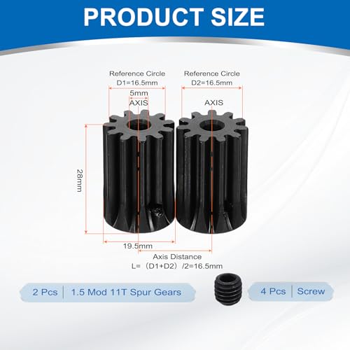uxcell 2Pcs 1.5 Mod 11T Spur Gear 5mm Bore, 1045 Steel Pinion Gear Black Surface Treatment, 20°Pressure Angle, for Spur Rack and RC Model Car or Motor DIY - size: 1.5 Mod 11T, 5mm