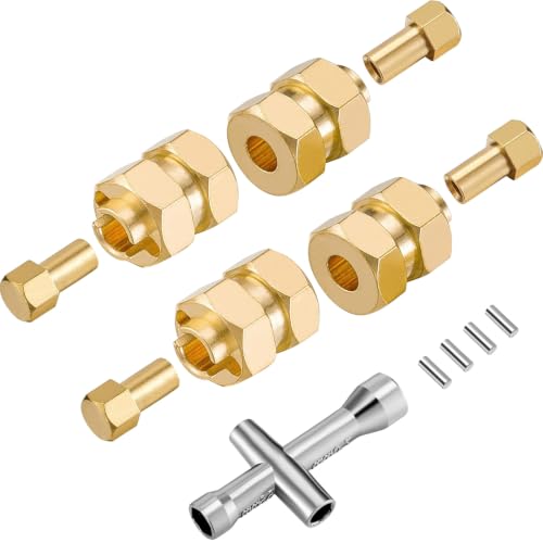 Ripeng 4 Piece 7mm Brass Extended Hex Wheel Hubs Compatible with SC x 24 Wheel Spacers RC Brass Weight Hex Hub Extended Combiner with a Cross Wrench Compatible with SC x 24 1/24 RC Crawler Car