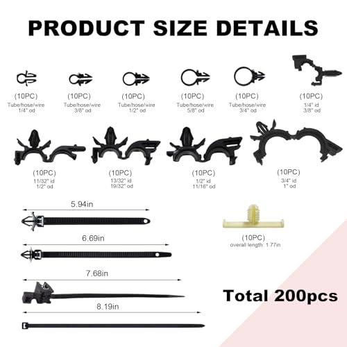 200 PCS Car Wire Loom Routing Clips, 15 Sizes Push Mount Cable Tie Auto Nylon Harness Clips Assortment, Self Locking Harness Routing Clip Replacement Parts for Most Vehicles