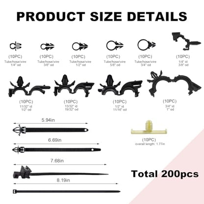 200 PCS Car Wire Loom Routing Clips, 15 Sizes Push Mount Cable Tie Auto Nylon Harness Clips Assortment, Self Locking Harness Routing Clip Replacement Parts for Most Vehicles