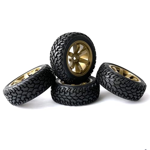 4PCS 75mm Rubber Tires and 6Spokes Plastic Wheel Rims Tyre for 1/10 RC On-Road Drift Racing Car 1:14 1:16 Rally Car for Tamiya Kyosho HPI HSP TT02 Upgrades Parts (Gold) - color: Gold