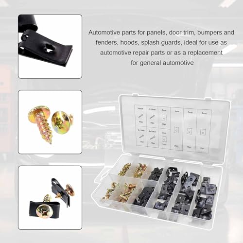 170PCS Car U-Clip and Screw Assortment Kit, 9 Sizes Auto Body Panel Screws U Nuts Replacement, Rustproof Metal Fasteners Automotive Repair Parts for Dash Door Panel Interior
