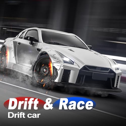 MN-268 RC Drift Car, 1:16 Scale High Speed 20 KPH Racing Drift Car with Gyro, LED Lights and Drift Tires, 2.4G Hobby RC Cars Gift for Adults and Teens (Silver) - color: Silver, size: 2 Batteries