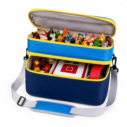 Bevegekos 2-Layer Carrying Case for Toniebox Gen 1 & 2, Holds 25+ Figures | Top tray + deep bottom fit audio box, charging station & headphones; water-resistant 600D shell with EPE foam padding inside - color: Navy/Sky Blue