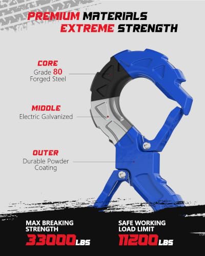 3/8 Tow Hook, Winch Hook for Off-Road Recovery, Towing Shackle 33000 Lbs, G80 Heavy Duty Strength Integrated Winch Quick Shackle, Blue - color: Blue