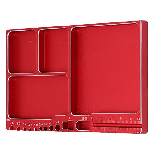 Drfeify RC Repair Screw Tray, Portable Aluminium Alloy Magnetic Parts Tray with Pad for RC Repair (Red - color: Red