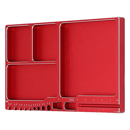 Drfeify RC Repair Screw Tray, Portable Aluminium Alloy Magnetic Parts Tray with Pad for RC Repair (Red - color: Red