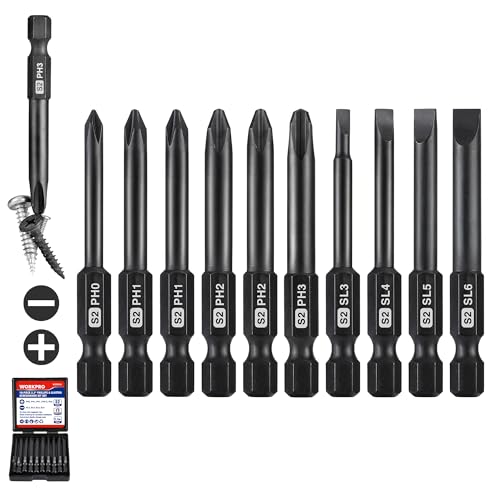 WORKPRO 10PCS Slotted Phillips Screwdriver Bit Set, Magnetic 1/4" Hex Shank | S2 Steel, Impact Driver Bits, Storage Box, CNC Precision Machining, Heat Treated - color: Phillips&slotted