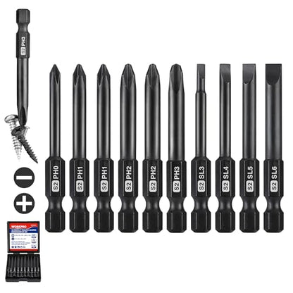 WORKPRO 10PCS Slotted Phillips Screwdriver Bit Set, Magnetic 1/4" Hex Shank | S2 Steel, Impact Driver Bits, Storage Box, CNC Precision Machining, Heat Treated - color: Phillips&slotted
