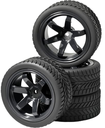 OD 2.55" On Road Rubber Tires Plastic Wheel Rims 12mm Hex for 1/10 RC Car | Compatible with MJX HSP Tamiya HPI Kyosho Traxxas Sakura Redcat WLtoys 1/10 RC On-Road Racing Touring Car (4pcs, Black) - style: G-Black