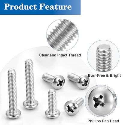 216PCS 8-32 Machine Screw Phillip Pan Head 304 Stainless Steel 1/2"-2" | 8 Lengths 8-32 x 1/2", 3/4", 1",1-1/4", 1-1/2", 1-5/8", 1-3/4", 2" Bolt UNC Fully Threaded Fastener for Electrical Furniture - size: SS #8-32 216PCS