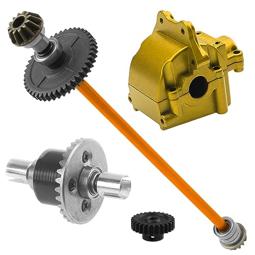 ShareGoo Metal Gearbox Housing Differential Cover & Differential Gear Set & Central Drive Shaft Compatible with WLtoys 144010 144001 144002 1/14 RC Car Upgrade Part (Gold) - color: Gold
