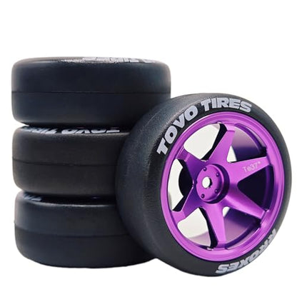 1/10 RC Drift Aluminum Wheels and Tires OD 65mm 1/12 Hard Drift Racing Tyres 12mm Hex for 1:10 Rally Street On Road Touring Car Tamiya TT01 TT02 XV01 TA06 A959 PTG2 KYOSHO 4PCS (Purple) - color: Purple