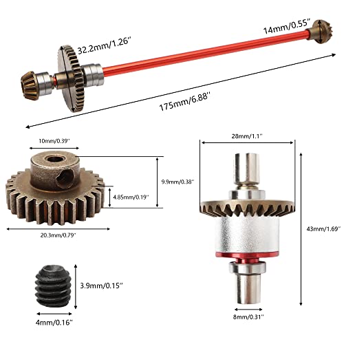 Metal Differential & Main Drive Shaft Upgraded Set Replacement Spare Parts Accessories Compatible with WLtoys 1/12 124016 124017 124018 124019 RC Car Upgrade Parts (Red) - color: 1:14 Upgraded Set