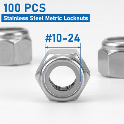 100 Pack 304 A2-70#10-24 Nylon Lock Nuts | 100 Pack 304 A2-70 Stainless Steel #10-24 Nylock Nuts, Anti-Loose, for Medium-Light Duty Industrial & Home Fastening - color: Silver, size: #10-24