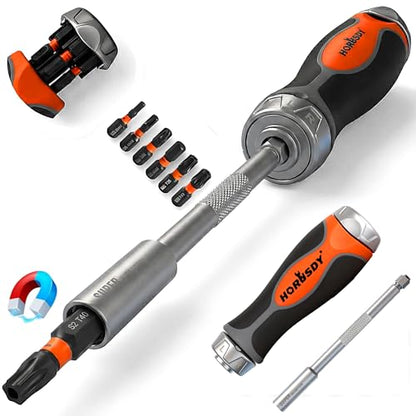 HORUSDY 6-in-1 Ratcheting Screwdriver Set, Magnetic Multi-Bit Screwdriver with Built-in Premium S2 Bits & 126mm Extension Bar, Dad Mens Gifts for Christmas, All-in-One Tool for Home Repair, DIY - style: High-Quality Screwdriver