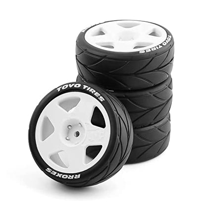 4PCS RC 1/10 On-Road Tires 65mm RC Rubber Tires w/Plastic Wheel Rim 12mm Hex Fit for 1/10 RC On-Road Rally Car HPI Tamiya TT01 TT02 Kyosho Wltoys 144001 - color: White 2