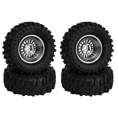 CNC 1.3" Beadlock Wheel Tires Set-Swamp Claw Mud Terrain Tires and Aluminum Wheel for SCX24 1/24 TRX4M Ascent18 1/18 RC Crawler (Gray) - color: Gray