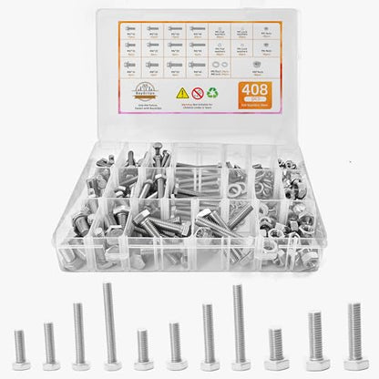 304 Stainless Steel (A2-70) Metric Bolt & Nut Assortment Kit - 408pcs M5/M6/M8 Hex Bolts, Nuts & Washers Set - Fully Threaded 18-8 Stainless Steel Hardware Kit - size: 408PCS Kit