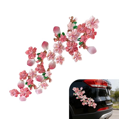 32 PCS 3D Peach Blossom Car Sticker, Resin Material Self-Adhesive Car Body Exterior Decorative Sticker, DIY Personalized Auto Door Ornament, Universal for Most Cars SUVs Trucks (Pink)