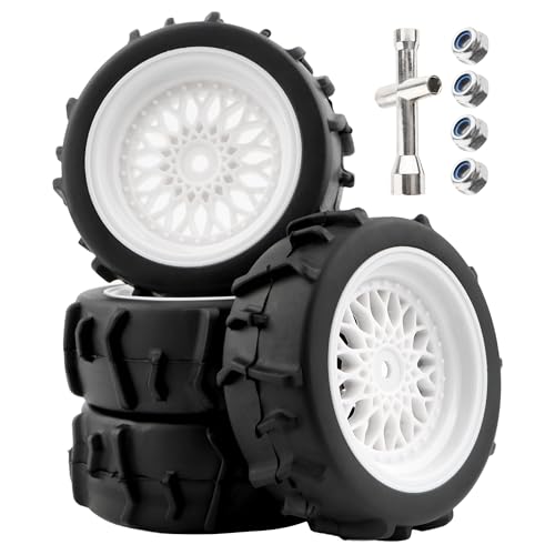 73mm RC Rally Car Tires Rubber Tires Tyres & Plastic Wheel Rims 12mm Hex Compatible with Traxxas 4 Tec 2.0 Tamiya TT01 XV01 Kyosho WR8 Sakura WLtoys HPI Touring Racing Car (White)