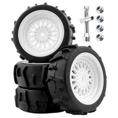 73mm RC Rally Car Tires Rubber Tires Tyres & Plastic Wheel Rims 12mm Hex Compatible with Traxxas 4 Tec 2.0 Tamiya TT01 XV01 Kyosho WR8 Sakura WLtoys HPI Touring Racing Car (White)