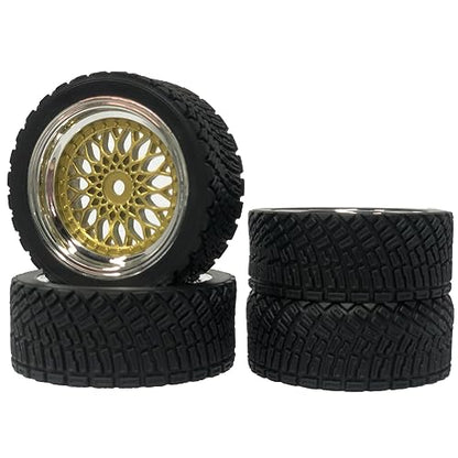 4PCS 65mm RC Rally Car Rubber Tires and Plastic Plating Wheel Rims Set 12mm Hex for 1/10 RC On-Road Rally Drift Racing Car for HSP Tamiya Sakura HPI WR8 HSP TT02 WLtoys (Gold Silver) - color: Gold Silver
