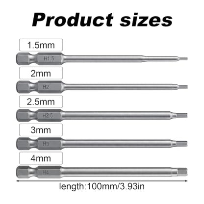 Amabro 5Pcs RC Hex Bit 4 Inch Allen Wrench Drill Power Bits Set 1.5mm 2.0mm 2.5mm 3.0mm 4.0mm Alloy Steel Professional Grade Hex Shank for Screwdrivers Electric Screwgun/Power Drill