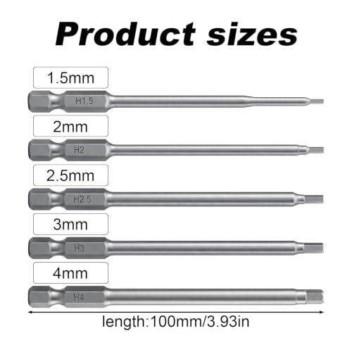 Amabro 5Pcs RC Hex Bit 4 Inch Allen Wrench Drill Power Bits Set 1.5mm 2.0mm 2.5mm 3.0mm 4.0mm Alloy Steel Professional Grade Hex Shank for Screwdrivers Electric Screwgun/Power Drill