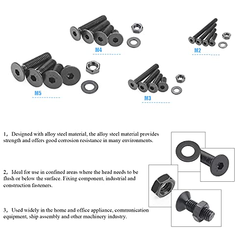 DYWISHKEY 1220 Pieces M2 M3 M4 M5, 10.9 Grade Alloy Steel Hex Flat Head Cap Bolts Nuts Washers Assortment Kit with Hex Wrenches - color: oxide black