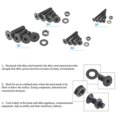 DYWISHKEY 1220 Pieces M2 M3 M4 M5, 10.9 Grade Alloy Steel Hex Flat Head Cap Bolts Nuts Washers Assortment Kit with Hex Wrenches - color: oxide black