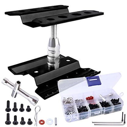 Aluminum Alloy RC Car Repair Work Stand Hobby Tool Set 360 Degree Rotation Lift/Lower and RC Screws Kit Repair Tool Box for 1/8 1/10 1/12 1/16 1/18 RC Car Truck Buggy Models (Black) - color: Black