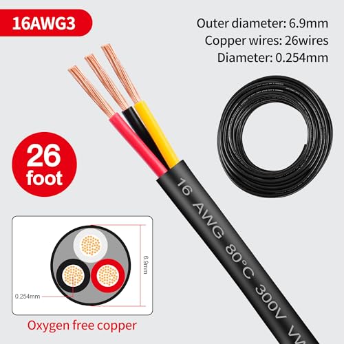 16 Gauge Wire 3 Conductor,16 AWG Electrical Wire Stranded PVC Cord Oxygen-Free Copper Cable,26FT 3 Core Pure Copper Flexible Cable Wire for LED Lamp Lighting Strips Automotive (16AWG-3C, 26FT)… - size: 26FT, style: 16AWG-3C