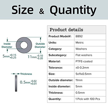 5x11x0.5mm PTFE Coated Washers (Set of 100 Pcs), Model 8892 Parts for Traxxas TRX-4 Traxx