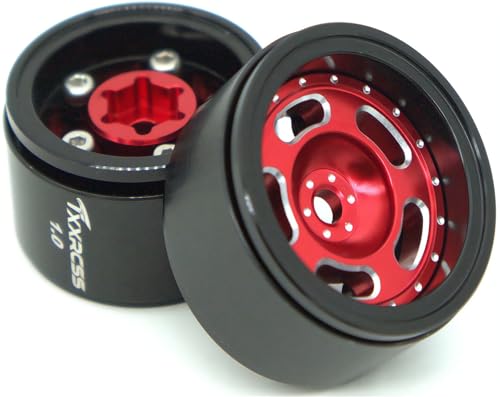 RC 1.0 Beadlock Wheels Offsets -2 Aluminum Rims for AX24 1/18 TRX4M All 1/24 Scale SCX24 Deadbolt RC Crawler Car Wheels Upgrades 4Pc (Red & Black) - color: Red & Black