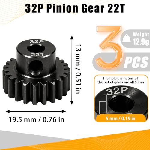 32P 22T RC Car Gear Set | 45# Steel Black Oxide | 5mm Bore +0.03mm | Precision Engineered Motor Pinion Gear Compatible with Traxxas/ARRMA/HPI/Kyosho (3-Pack with M4 Set Screws) - style: 3Pcs 22T