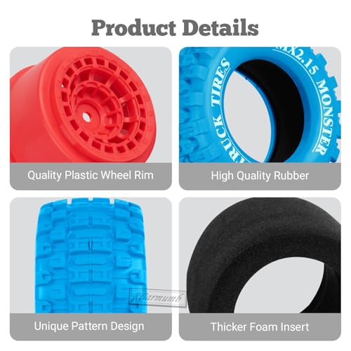 100 * 52MM 1/16 RC Monster Truck Tires 12mm Hex Adapters All-Terrain Traction Tires fit for Mini Maxx/Mini XRT, MJX 16207/16208/16209/16210,HSP 94186,E-Revo,L0S1,1/18 Mini LMT,Blue&Red - color: Blue&red(4pcs)