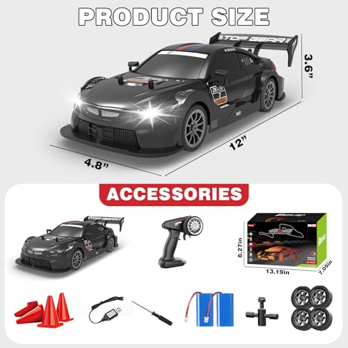 RC Drift Car 1:16, 2.4GHz 4WD Remote Control Car, 30+KM/H High Speed Drifting RC Cars with LED Lights Two Batteries and Drift Tires Racing Cars for Adults Boys Kids, Black - color: Black