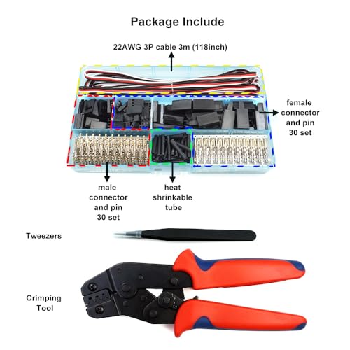 30 Sets Servo Connector Male Female Plug Crimp Pin and Cable Kit Compatible with Futaba JR Hitec Spektrum RC Connectors (with Crimping Tool)