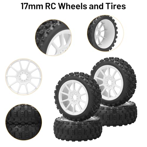 1/8 RC Car Tires and Wheels, daitoku 17mm Hex RC Buggy Tires for 1/8 Arrma Typhon 3S 6S HSP Kyosho MP10 (White)