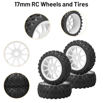 1/8 RC Car Tires and Wheels, daitoku 17mm Hex RC Buggy Tires for 1/8 Arrma Typhon 3S 6S HSP Kyosho MP10 (White)